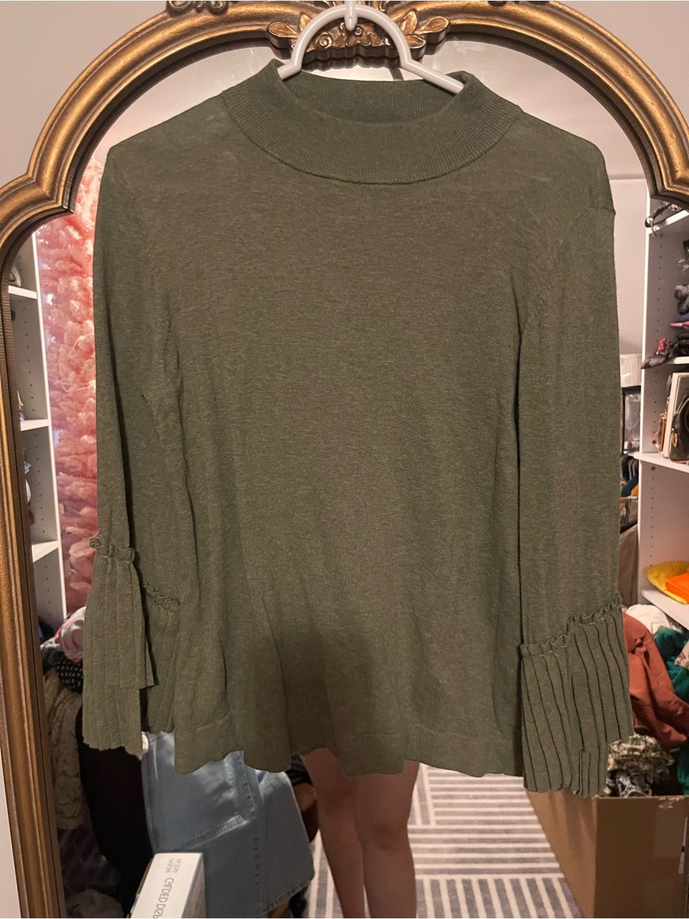 LOFT Olive Green Long Sleeve Top with Ruffle Pleat Cuffs